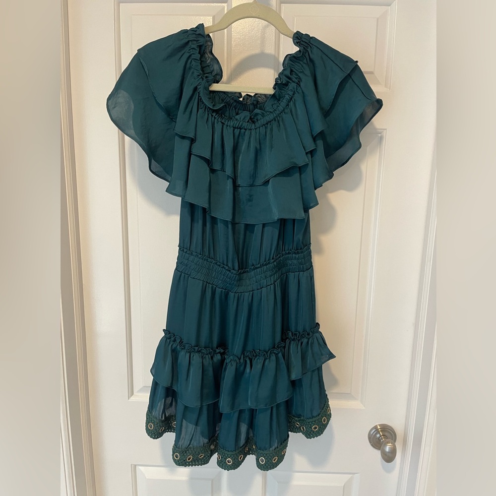 NWT Misa Los Angeles Teal Ruffled Off the Shoulder Dress